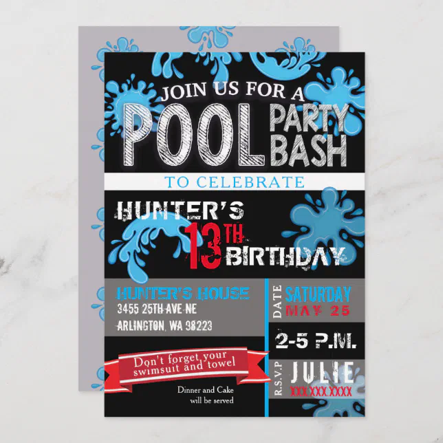 Childs Pool Party Bash Birthday Invitation