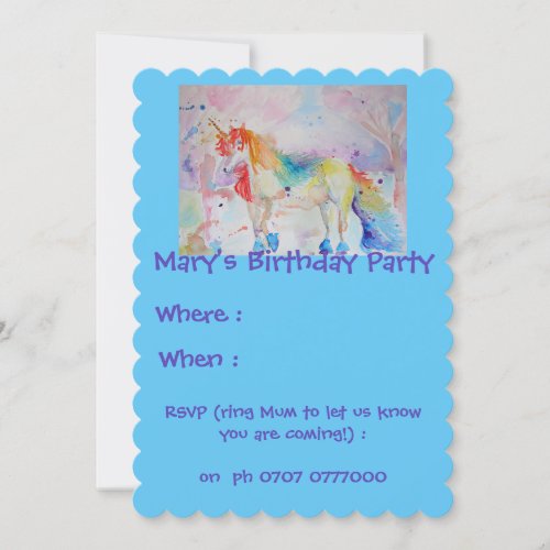 Childs Rainbow Unicorn Birthday Invitation