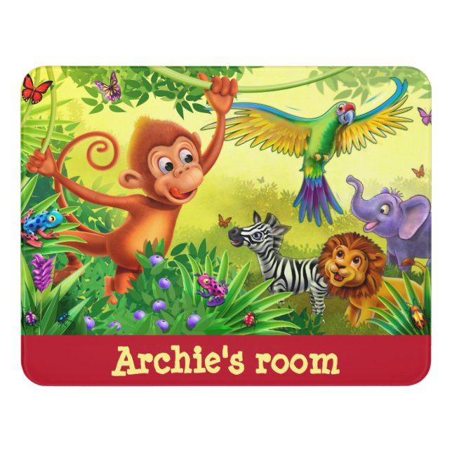 Child's rectangle Name Bedroom sign Jungle animals (Contemporary Front)