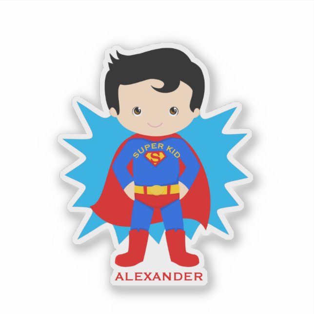 Child's Red, Blue Super Hero, Name, Fun Sticker (Front)