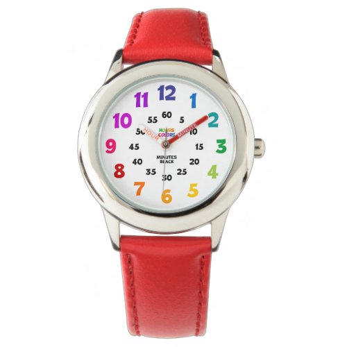 Childs Red Learn to Tell Time Watch Rainbow Dial