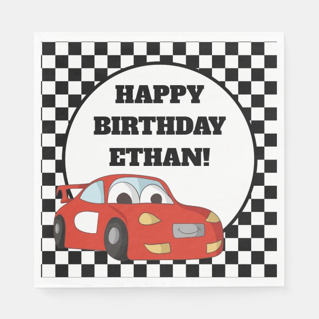 Child's Red Race Car Black White Birthday Party Napkins (Front)