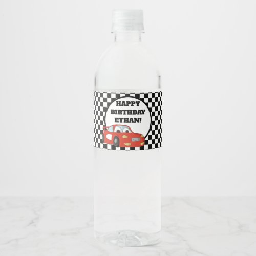 Childs Red Race Car Black White Birthday Party Water Bottle Label