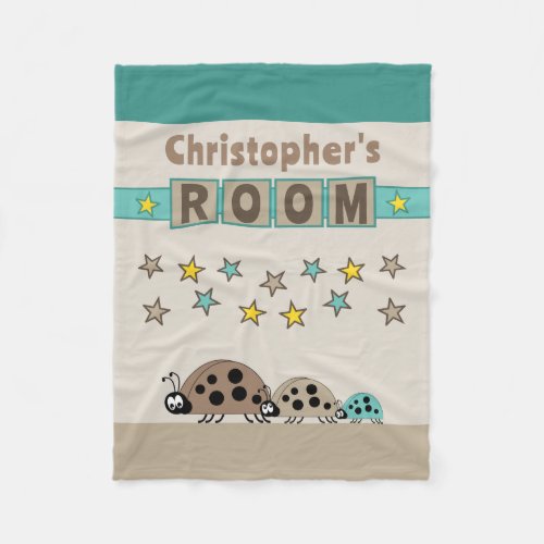Childs room name stars ladybugs brown turquoise fleece blanket