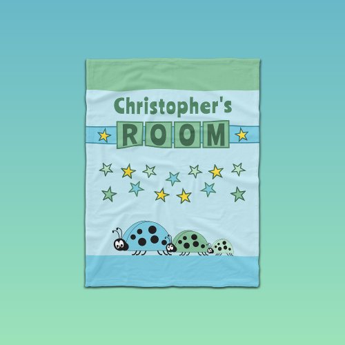 Childs room name stars ladybugs green blue fleece blanket