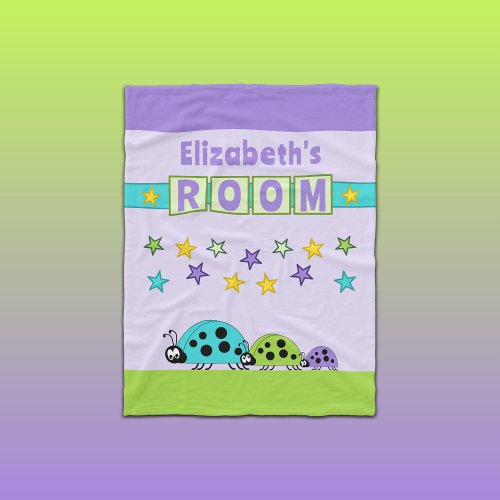 Childs room name stars ladybugs purple green fleece blanket