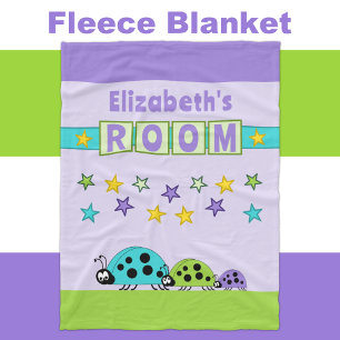 Child's room name stars ladybugs purple green fleece blanket