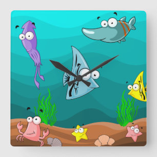 Child's Room or Nursery Cartoon Sea Life Square Wall Clock