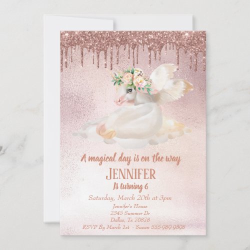 Childs Rose Gold Glitter Drips Unicorn Pegasus Invitation