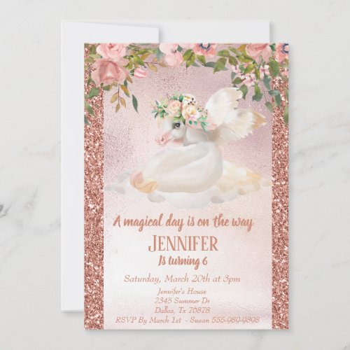 Childs Rose Gold Glitter Pretty Unicorn Pegasus Invitation