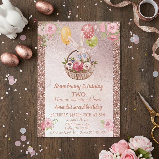 Child's Rose Gold Glitter Some Bunny Birthday Invitation (Creator Uploaded)