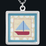 Child's Sailboat by Chariklia Zarris Silver Plated Necklace<br><div class="desc">Chariklia Zarris created this print of a child's sailboat. A checkered pattern blue sail with a red hull complete the package. If you are looking for a special piece to place in a child's nursery this is the one for you!</div>