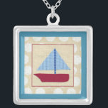 Child's Sailboat by Chariklia Zarris Silver Plated Necklace<br><div class="desc">Chariklia Zarris created this print of a child's sailboat. A checkered pattern blue sail with a red hull complete the package. If you are looking for a special piece to place in a child's nursery this is the one for you!</div>