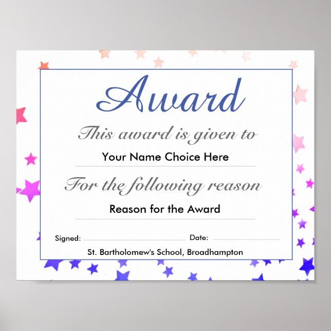 Child's School Award Certificate Poster (Front)