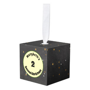 Child's Second Christmas Stars on Black Custom Cube Ornament