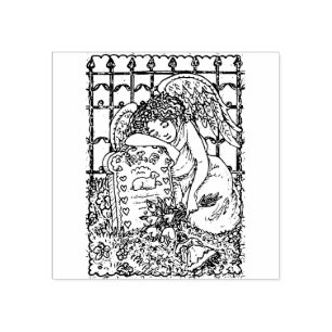 CHILD'S WEEPING GUARDIAN ANGEL, CEMETERY, MOURNING RUBBER STAMP