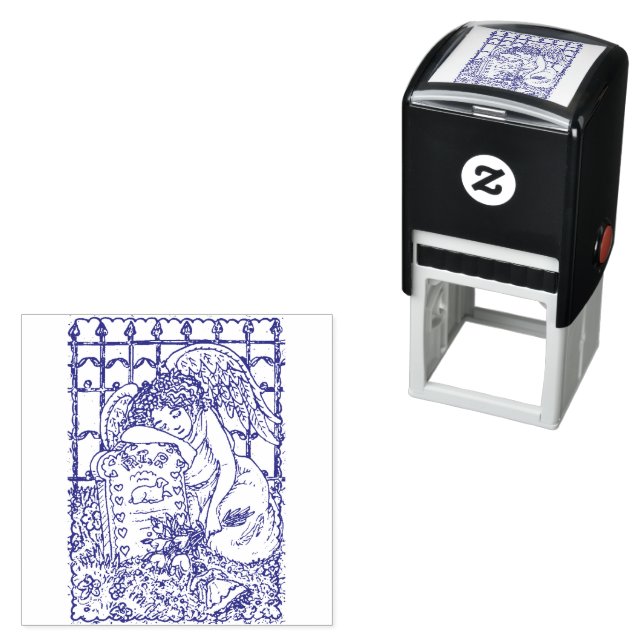 CHILD'S WEEPING GUARDIAN ANGEL, CEMETERY, MOURNING SELF-INKING STAMP (In Situ)