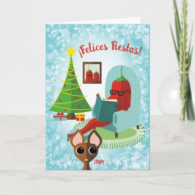 Chile chili pepper reading culinary Christmas card (Front)