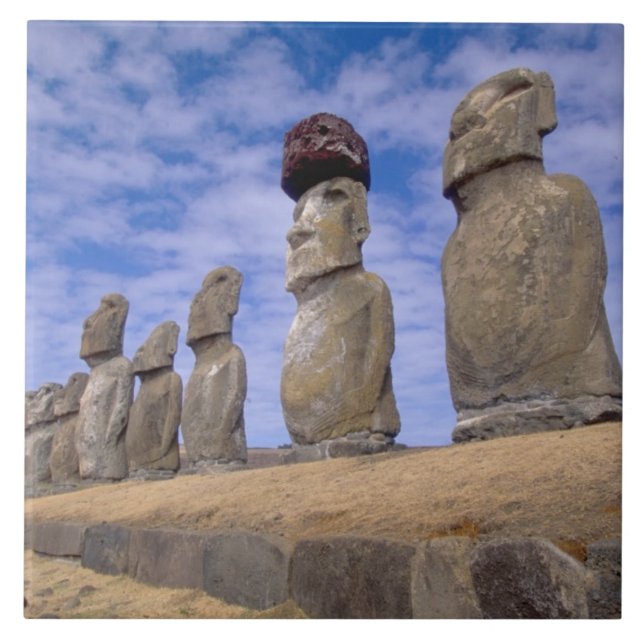 Chile, Easter Island. The 15 Moais at Ahu Tile (Front)