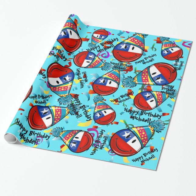 Chile Flag In a Party Hat | Customized Birthday Wrapping Paper (Unrolled)
