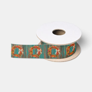 Chile Pepper Ristra Wreaths on Rustic Wood Pattern Satin Ribbon