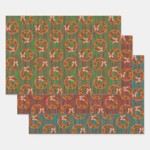 Chile Pepper Wreaths on Rustic Wood Pattern  Wrapping Paper Sheets