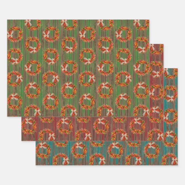 Chile Pepper Wreaths on Rustic Wood Pattern  Wrapping Paper Sheets (Set)