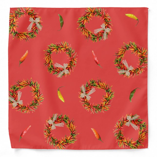 Chile Ristra Wreaths and Peppers All Over Pattern Bandana (Front)