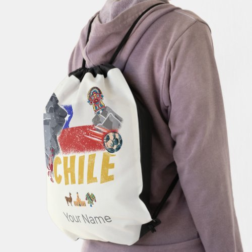 Chile Vintage Easter Island Flag and Alpaca Drawstring Bag