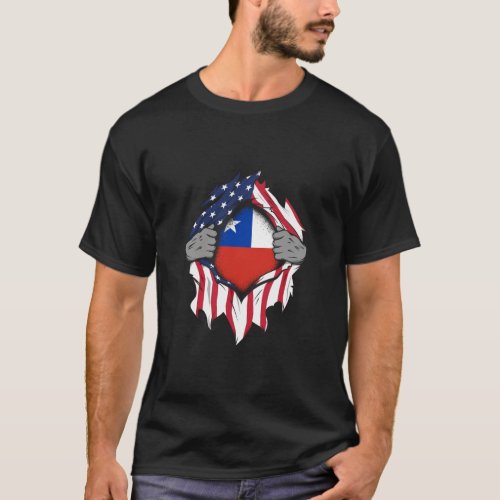 Chilean American Flags Hands Ripping Flag on Chest T_Shirt