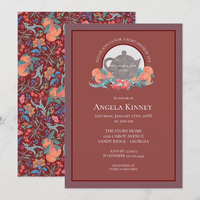 Chili and Peach Fruited Baby Shower Tea Invitation (Front/Back)