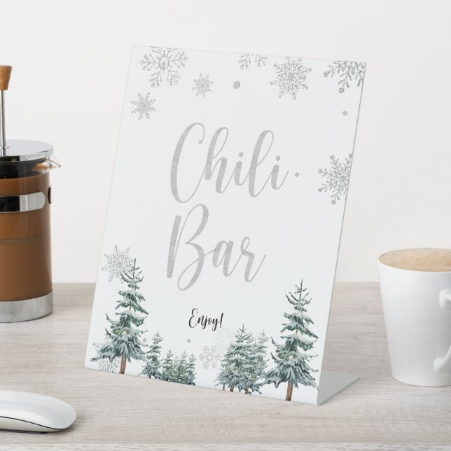 Chili bar sign silver winter baby shower sign (In SItu)