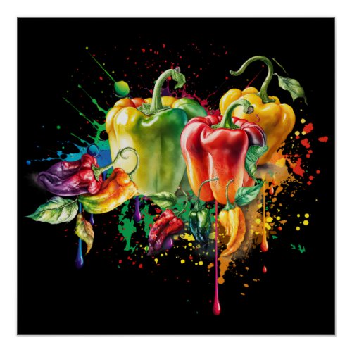 Chili  Bell Peppers Splatter Art Poster