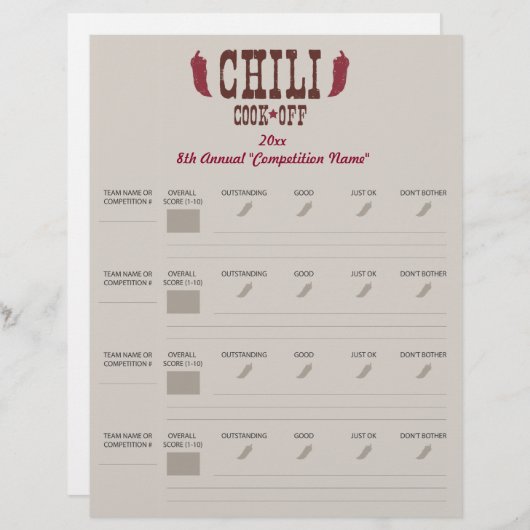 Chili Cook Off Voting Ballot Sheet (Front/Back)