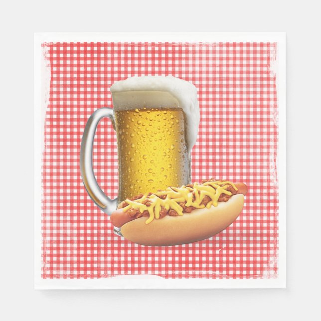 Chili Hot Dog and Beer On Gingham Napkins (Front)