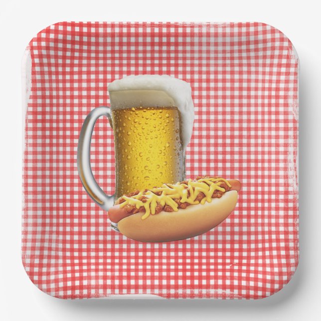 Chili Hot Dog and Beer On Gingham Paper Plates (Front)