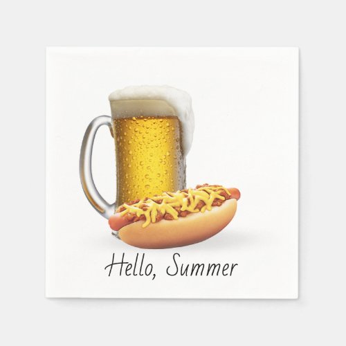 Chili Hot Dog and Beer On White Napkins