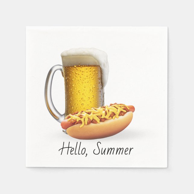 Chili Hot Dog and Beer On White Napkins (Front)