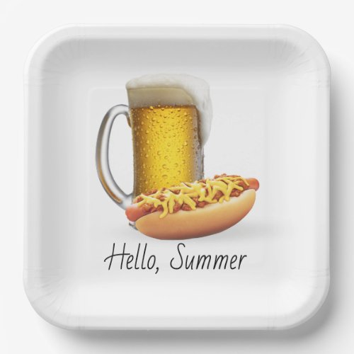 Chili Hot Dog and Beer On White Paper Plates