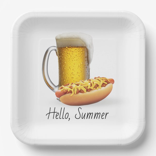 Chili Hot Dog and Beer On White Paper Plates (Front)