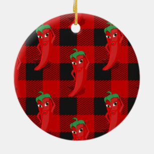 Chili Pepper Buffalo Plaid Pattern Black and Red Ceramic Ornament