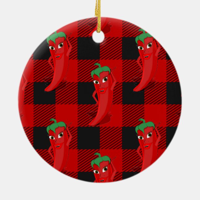 Chili Pepper Buffalo Plaid Pattern Black and Red  Ceramic Ornament (Back)