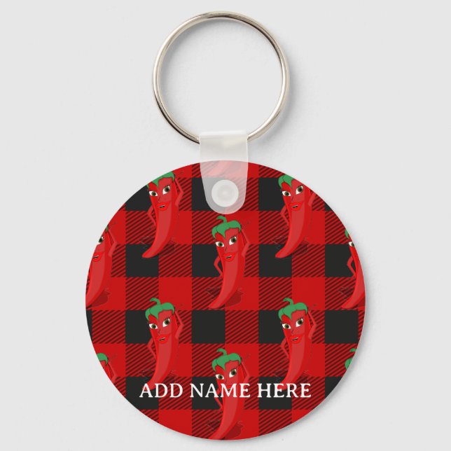 Chili Pepper Buffalo Plaid Pattern Black and Red  Keychain (Front)