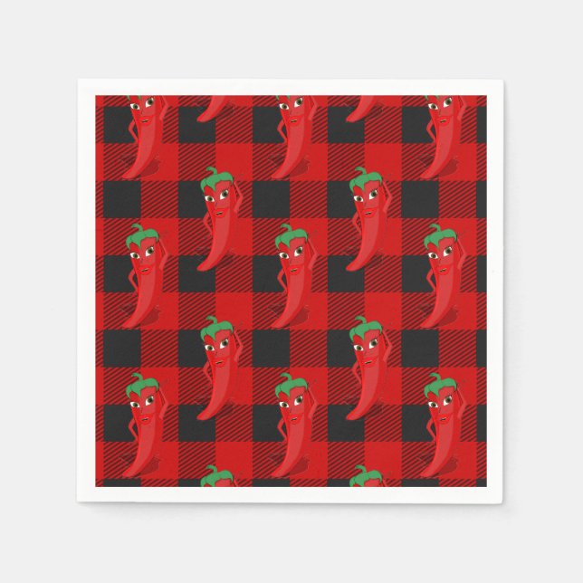 Chili Pepper Buffalo Plaid Pattern Black and Red  Napkins (Front)
