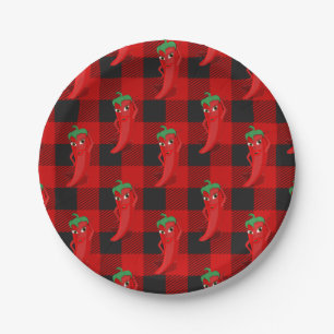 Chili Pepper Buffalo Plaid Pattern Black and Red Paper Plates