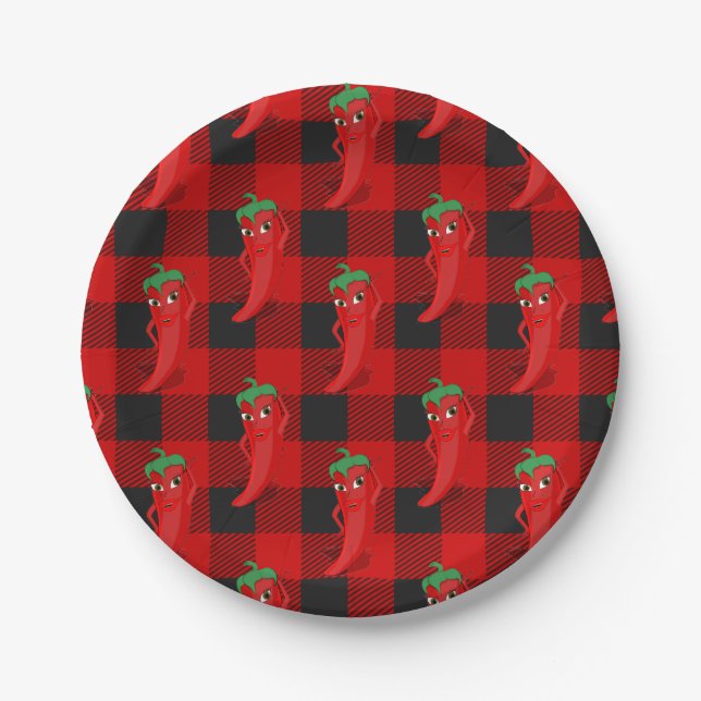 Chili Pepper Buffalo Plaid Pattern Black and Red  Paper Plates (Front)
