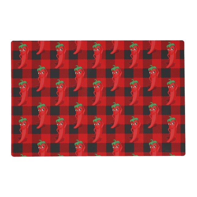 Chili Pepper Buffalo Plaid Pattern Black and Red  Placemat (Front)