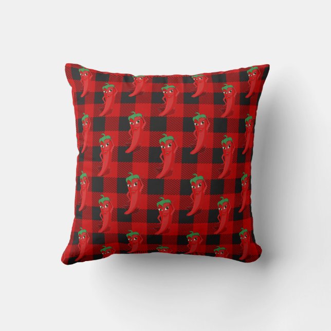 Chili Pepper Buffalo Plaid Pattern Black and Red  Throw Pillow (Back)