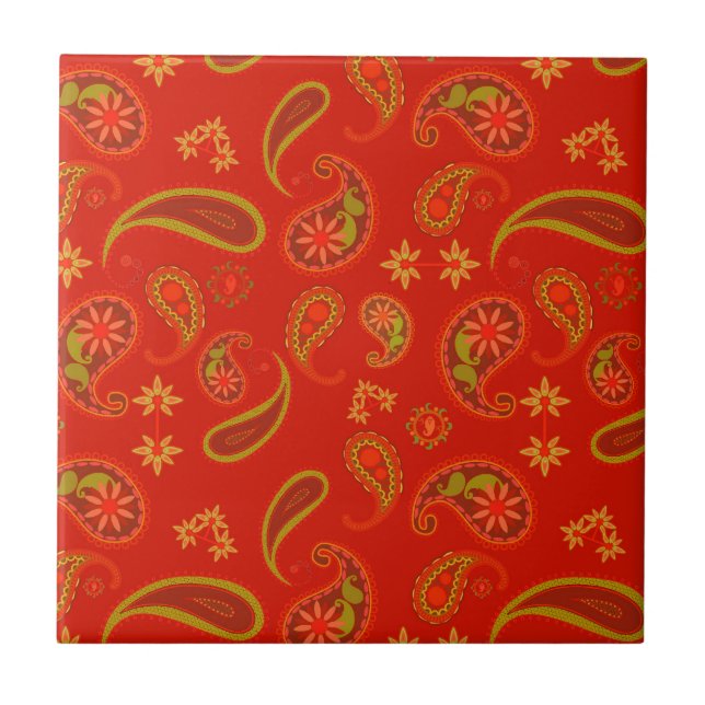 Chili Pepper Red and Lime Green Paisley Pattern Ceramic Tile (Front)