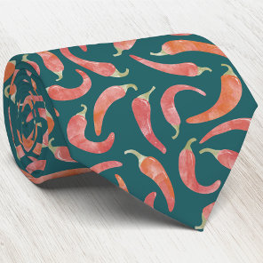 Chili Pepper Red Teal Green Watercolor Art Neck Tie